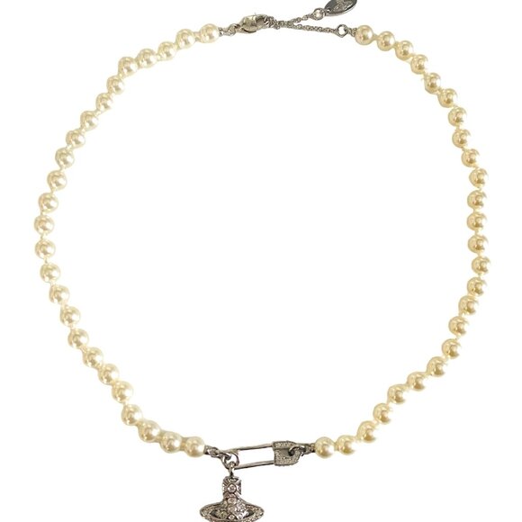 AUTH New VIVIENNE WESTWOOD Silver Swarovski Pearl w Pave Pin Necklace Ret $345 - Picture 3 of 4
